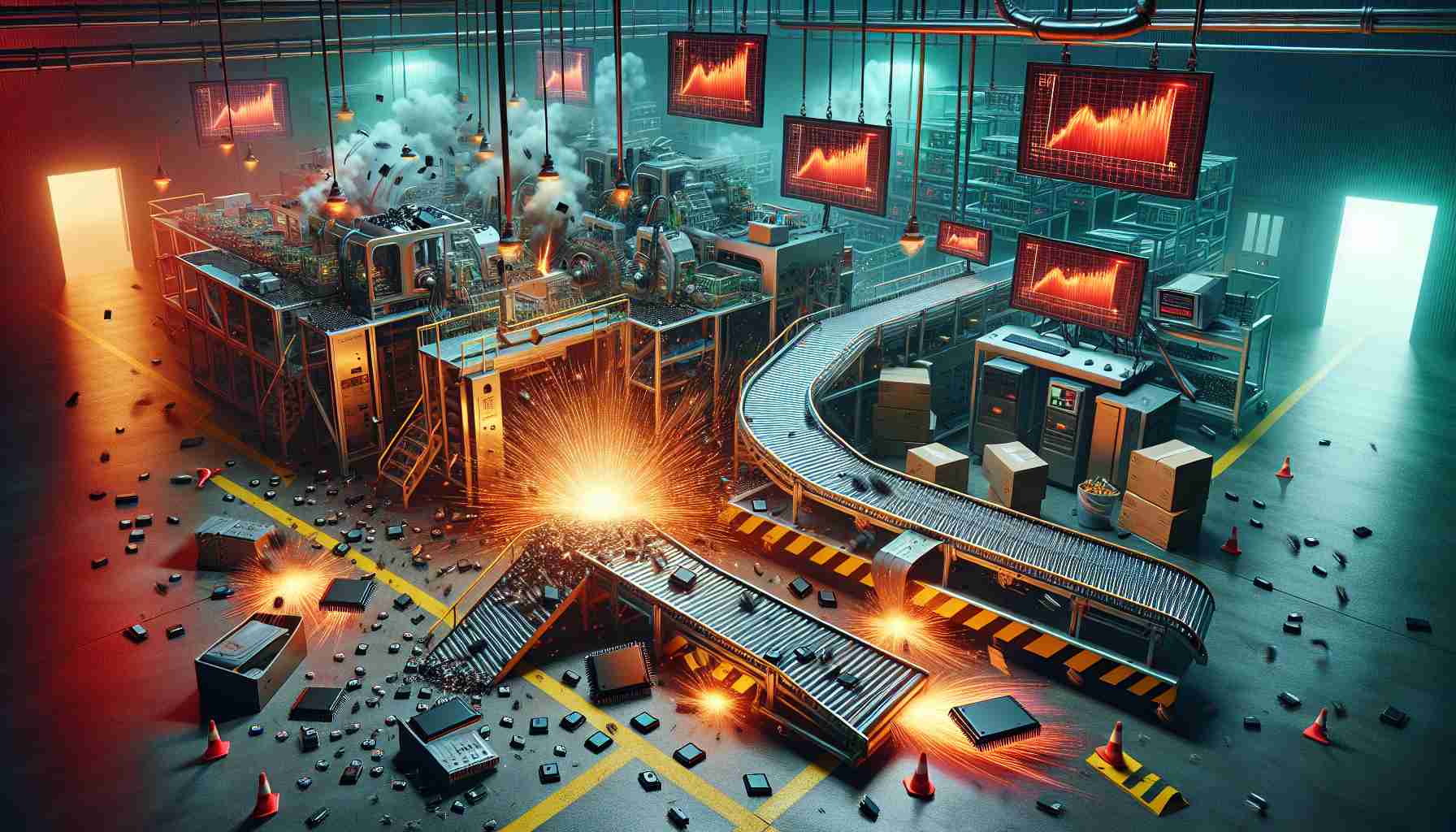 A highly detailed and realist image depicting the metaphorical representation of a shocking event involving chip production at a tech company. The scene shows a production line with microchips rolling off the conveyor belt, suddenly leading into chaos with sparks flying and manufacturing machines grinding to a halt. A set of monitors displaying falling graphs and red-alert signals surround the scene, symbolizing the jeopardy. The mood is tense, colors are stark and dramatic, demonstrating the gravity of the situation. The text 'Chip Production in Jeopardy!' boldly appears on the image.