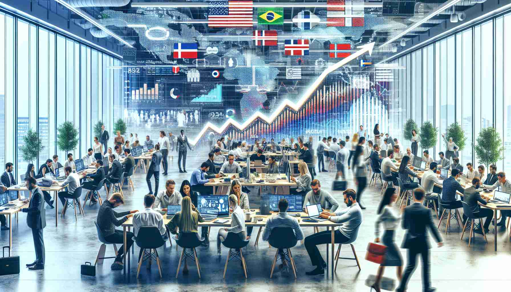 A high-definition, photorealistic image showcasing the rise of early-stage investments in Nordic startups. The image consists of a complex, dynamic and bustling office environment of a startup organization in a Nordic country, with entrepreneurs of various genders and descents such as Caucasian, Middle Eastern, and South Asian, vigorously engaged in meetings and brainstorming sessions. Charts on the wall depict a continuous upward trend in investments. It also incorporates elements symbolizing Northern and Scandinavian culture making it characteristic of the location.