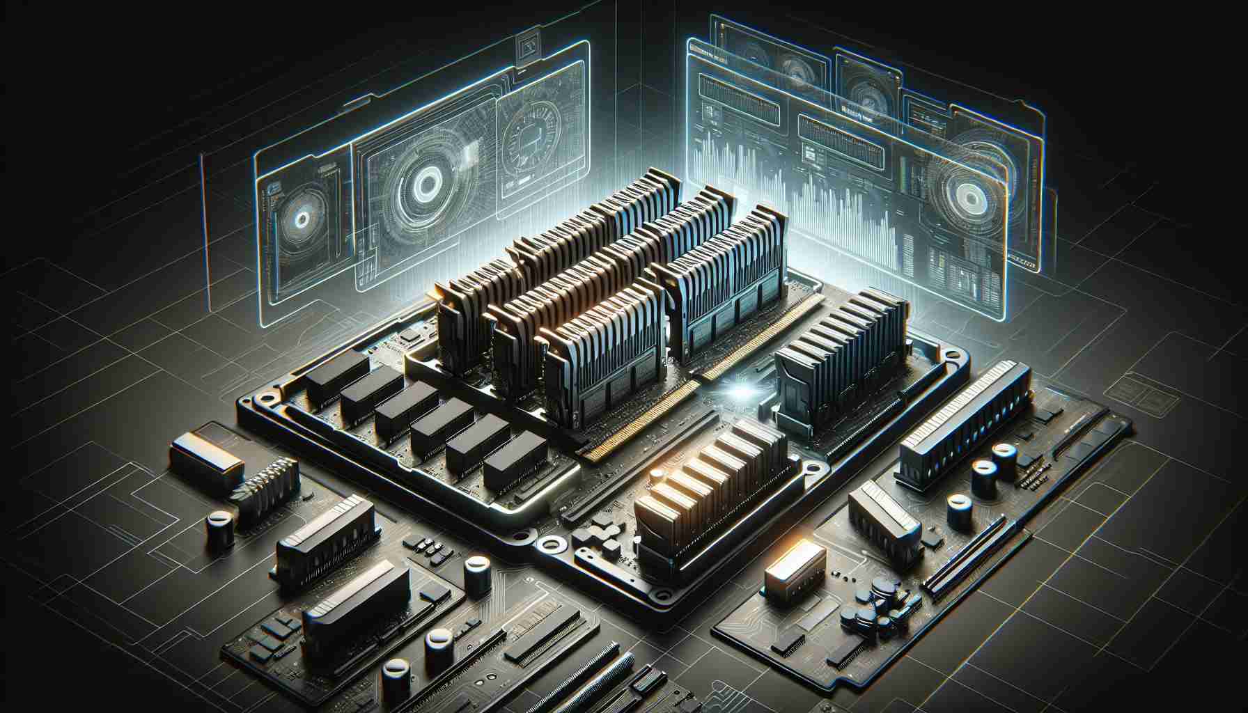 Generate a realistic, high-definition image representing the speculation surrounding upgrades for a Pro-series M4 RAM configuration. The image can include a hardware setup with highlights focusing on the RAM slots, some hypothetical upgraded RAM units, and tech data charts reflecting potential performance improvements arising from the speculated upgrades.