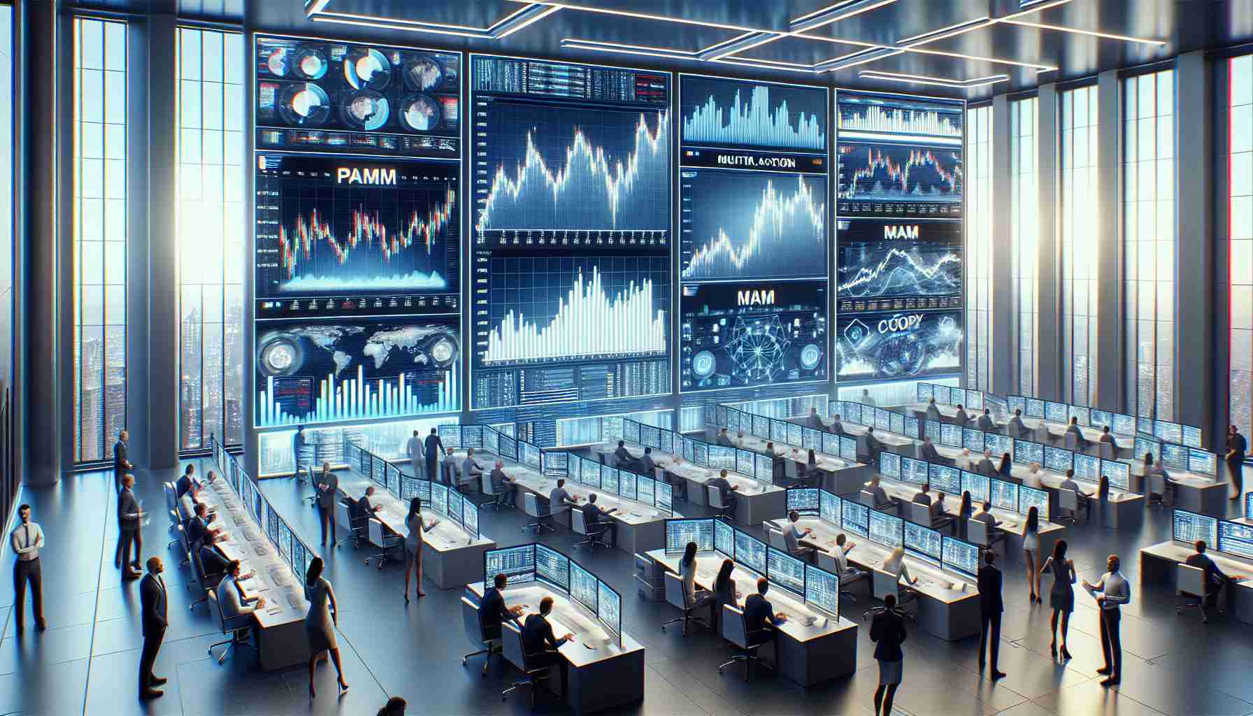 An HD image that realistically depicts emerging trends in the trading landscape. This will include visual representations of the concept of PAMM (Percentage Allocation Money Management), MAM (Multi Account Manager), and Copy Trading. Imagine a sleek and modern trading floor with computer screens displaying interactive graphs and charts. These screens represent PAMM, MAM, and Copy Trading respectively. Traders are seen analyzing the data on these screens and are of diverse gender and descent. The image should portray a lively atmosphere with traders engaged in discussion, strategic planning, and decision-making.