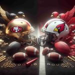 Realistic high definition image of an impending sporting clash between the teams: 49ers and Cardinals. Include imagery symbolic of each team such as football equipment in colors representing each team, namely gold and scarlet for the 49ers, and black, white, and cardinal red for the Cardinals. The scene should convey intense rivalry and competitive spirit.