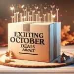 High-definition photo emulating realism, displaying the text 'Exciting October Deals Await' on a backdrop representative of the autumn season. A box, symbolic of online shopping, lies beneath the text, encapsulating the essence of an ecommerce platform, without representing any specific brand.