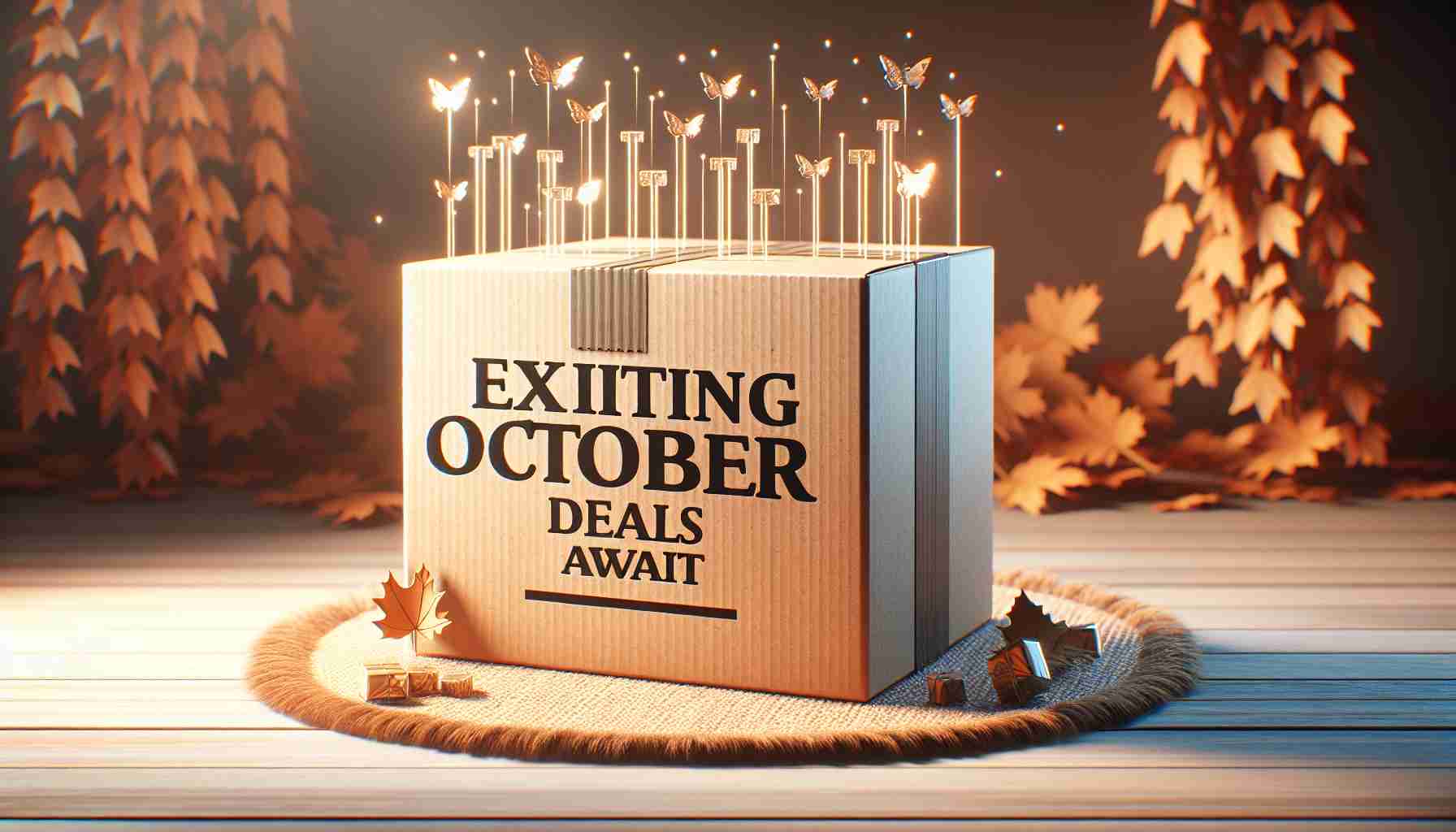 High-definition photo emulating realism, displaying the text 'Exciting October Deals Await' on a backdrop representative of the autumn season. A box, symbolic of online shopping, lies beneath the text, encapsulating the essence of an ecommerce platform, without representing any specific brand.