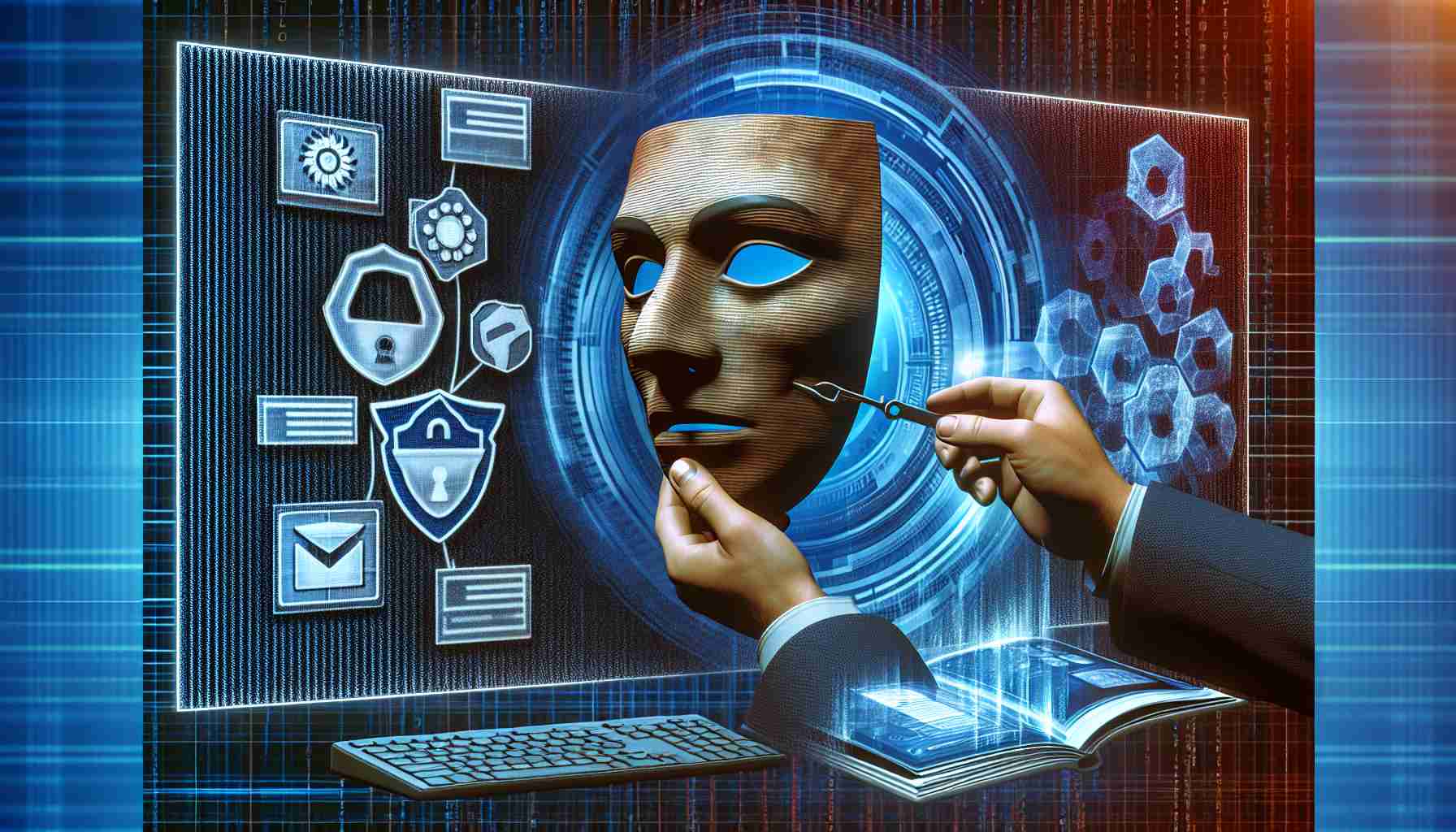 Generate a highly detailed and realistic image depicting the concept: uncovering the tactics of online impersonators or scammers. The central element of the image should be a large metaphorical mask being removed from a computer screen, symbolizing the unmasking of digital fraudsters. The computer screen could display some generic scam-like messages. Also, include an emblem or symbol representing new strategies or tactics in one corner, implying a recent strategic move against these scammers.