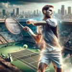 Realistic, high-definition image of a tennis player of British descent performing impressively on the court. The scene is at a tournament in Tokyo, showcasing their strength and skill, earning them the nickname 'Unstoppable Force'. The player is dressed in typical tennis attire, their racket swinging with immense force, eyes focused on the ball. The surrounding Tokyo scenery creates a vibrant backdrop. The player's steady determination and talent shine as brightly as their winning streak.