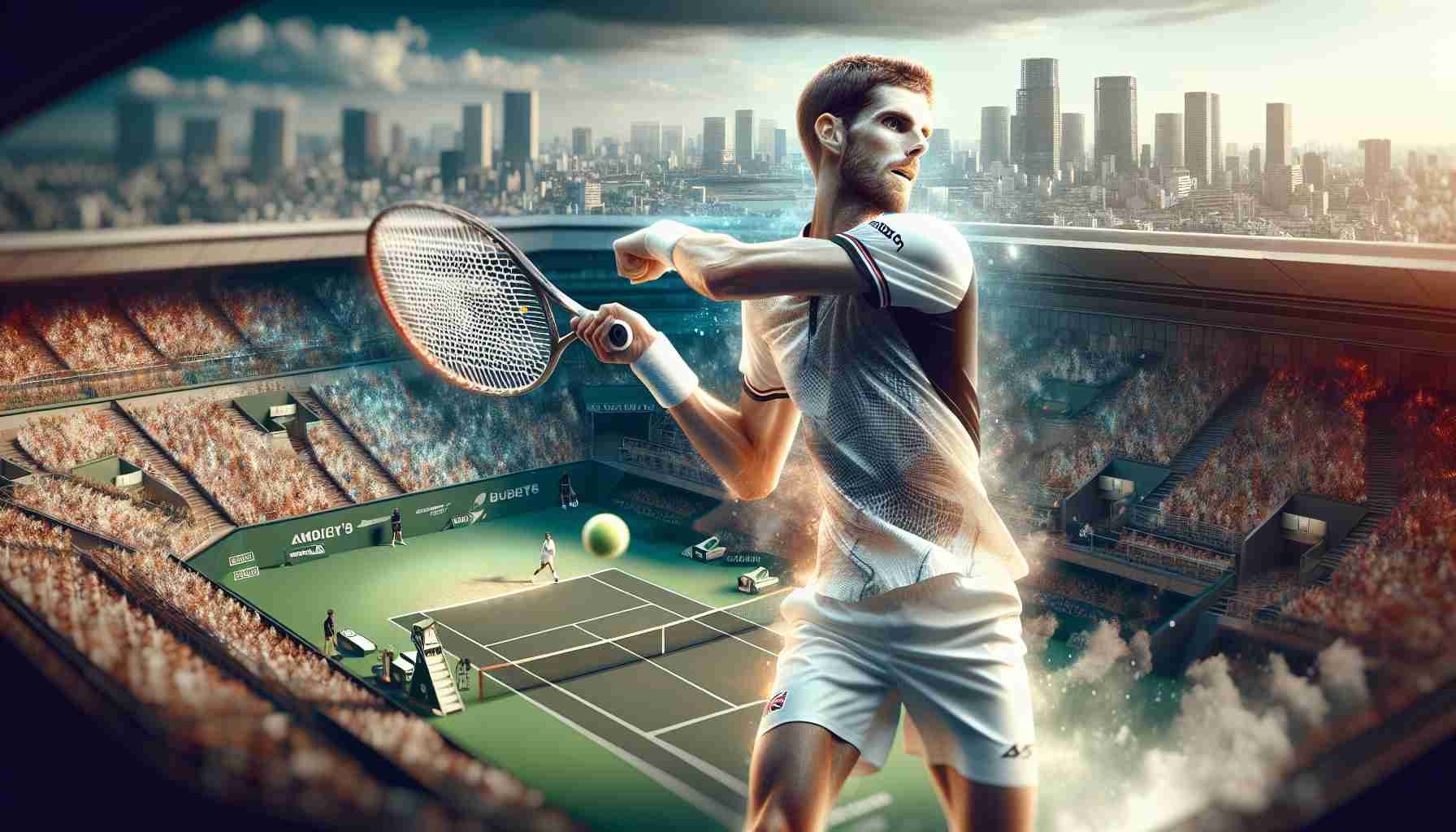 Realistic, high-definition image of a tennis player of British descent performing impressively on the court. The scene is at a tournament in Tokyo, showcasing their strength and skill, earning them the nickname 'Unstoppable Force'. The player is dressed in typical tennis attire, their racket swinging with immense force, eyes focused on the ball. The surrounding Tokyo scenery creates a vibrant backdrop. The player's steady determination and talent shine as brightly as their winning streak.