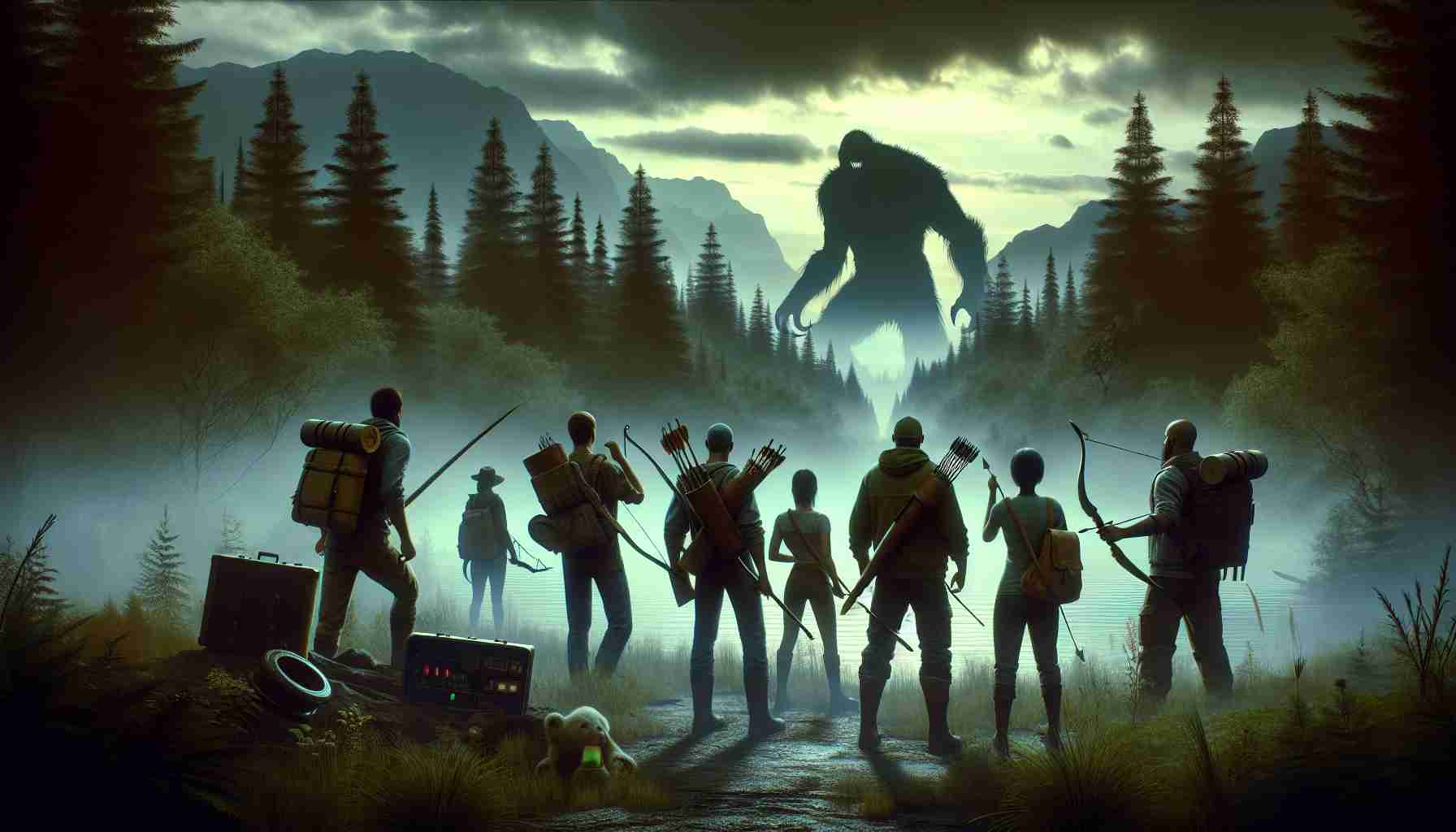 Generate a realistic high-definition image that represents the concept of 'Unlock Epic Adventures'. This should depict a thrilling scenario where a group of diverse adventurers, including men and women of various descents such as Caucasian, African, Hispanic, and Asian, are preparing themselves for an imminent monster hunt. In the scene background, there could be ominous woods, a distant mountain range, or a deadly swamp. The adventurers must seem prepared with their gear such as bows, swords, and potions. A creature's shadow or silhouette looming in the distance would convey the anticipation of an upcoming monster hunt.