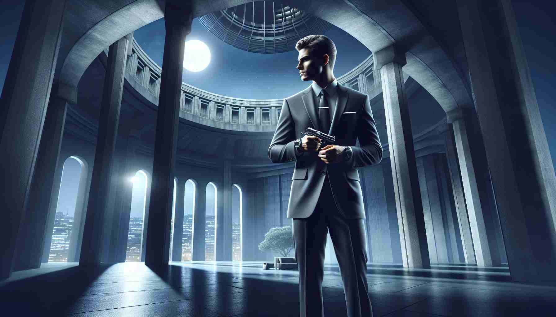 A realistic, high definition image depicting a concept for the future of a certain secret agent series highlighting a theme of anticipation and patience. This includes the depiction of a novel, suspenseful scene featuring an unknown male character with athletic build and tailored suit, holding a futuristic gadget, standing amidst the shadowy corners of a grand, post-modern architectural masterpiece under the moonlit sky.