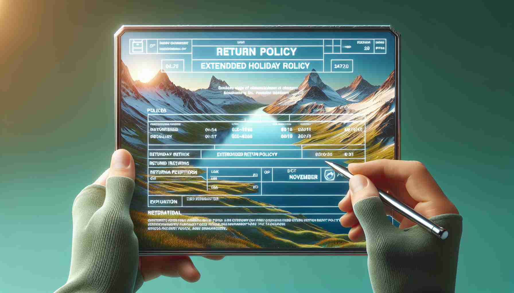 Create a realistic HD photo depicting the extended holiday return policy of a tech company in November. This picture should include the text of policies, date and month written on it.