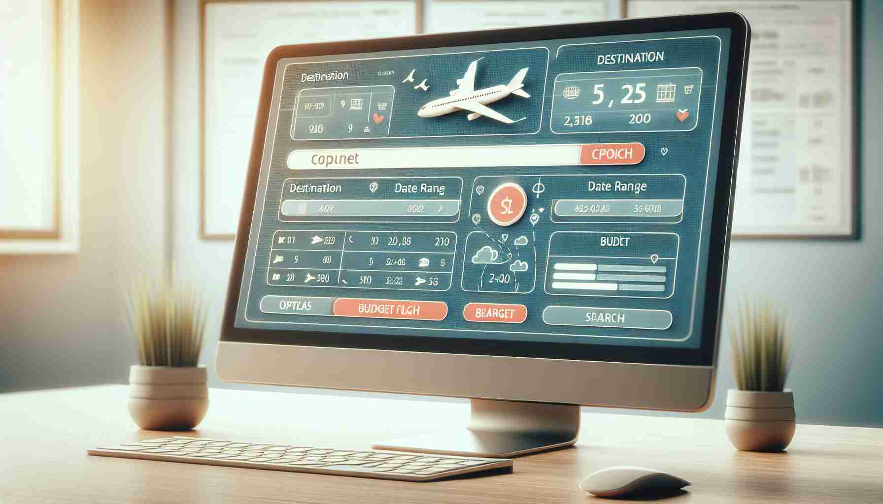 An accurate high-definition representation of the user interface of a popular online search tool designed to help users in finding affordable airfare, demonstrating options for various destinations, dates, and airlines. This image should depict a computer screen displaying the search tool, detailing features such as destination search, date range selection, and budget filter specifically, ensuring the overall feel of searching for budget flights online.