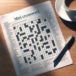 Generate a crystal clear, high definition image of a mini crossword. The crossword should be filled with simple yet challenging clues and solutions, allowing for a sense of satisfaction and joy upon completion. The surroundings include a cup of coffee, pen, and a sunlight illuminating the scene from a nearby window, encapsulating the pleasure of the morning crossword ritual.