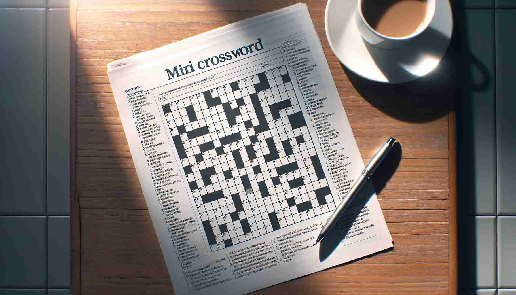 Generate a crystal clear, high definition image of a mini crossword. The crossword should be filled with simple yet challenging clues and solutions, allowing for a sense of satisfaction and joy upon completion. The surroundings include a cup of coffee, pen, and a sunlight illuminating the scene from a nearby window, encapsulating the pleasure of the morning crossword ritual.