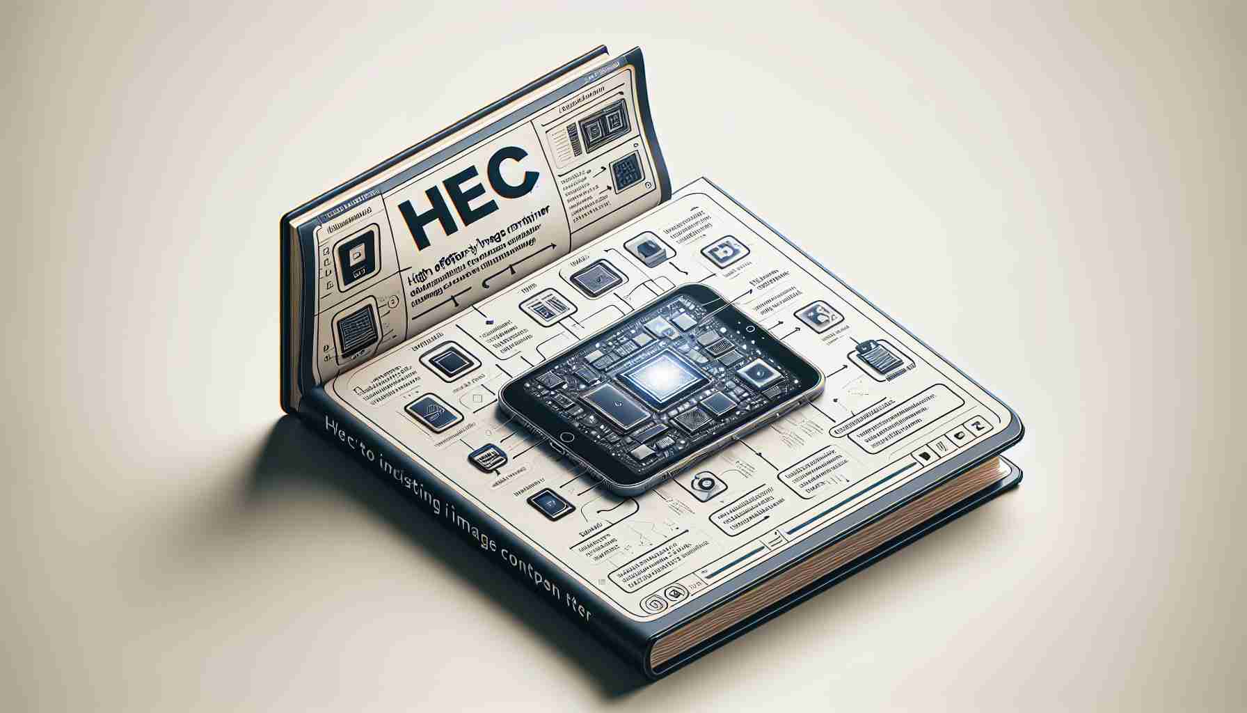 Generate a realistic, high-definition image that visually represents a guide to understanding HEIC, which is one of the image formats used on Apple devices. This can be depicted like an informative brochure, complete with labels and diagrams illustrating how this high-efficiency image container works. The Apple device could be illustrated as a generic tablet or smartphone without any logos or identifiable features to avoid copyright issues.