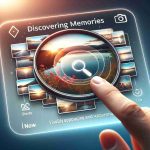 An HD quality image depicting a user interface of a hypothetical photo management application with a distinctive new feature labeled as 'Discovering Memories'. This new feature presents in a form of a magnifying glass icon located in the navigation bar, which when activated, sorts and presents images with visually appealing and emotional significance from the user's photo library into one view. This view displays images in a grid, with highlighted photos gaining more prominence. Please avoid trademarks and copyrighted symbols in the design.