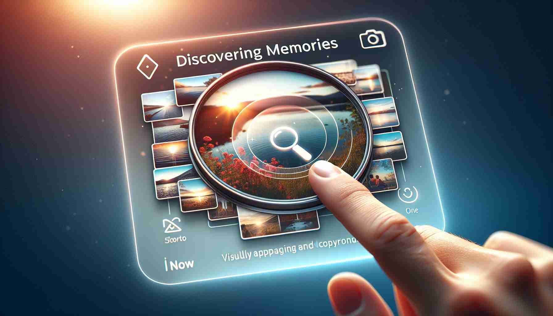 An HD quality image depicting a user interface of a hypothetical photo management application with a distinctive new feature labeled as 'Discovering Memories'. This new feature presents in a form of a magnifying glass icon located in the navigation bar, which when activated, sorts and presents images with visually appealing and emotional significance from the user's photo library into one view. This view displays images in a grid, with highlighted photos gaining more prominence. Please avoid trademarks and copyrighted symbols in the design.