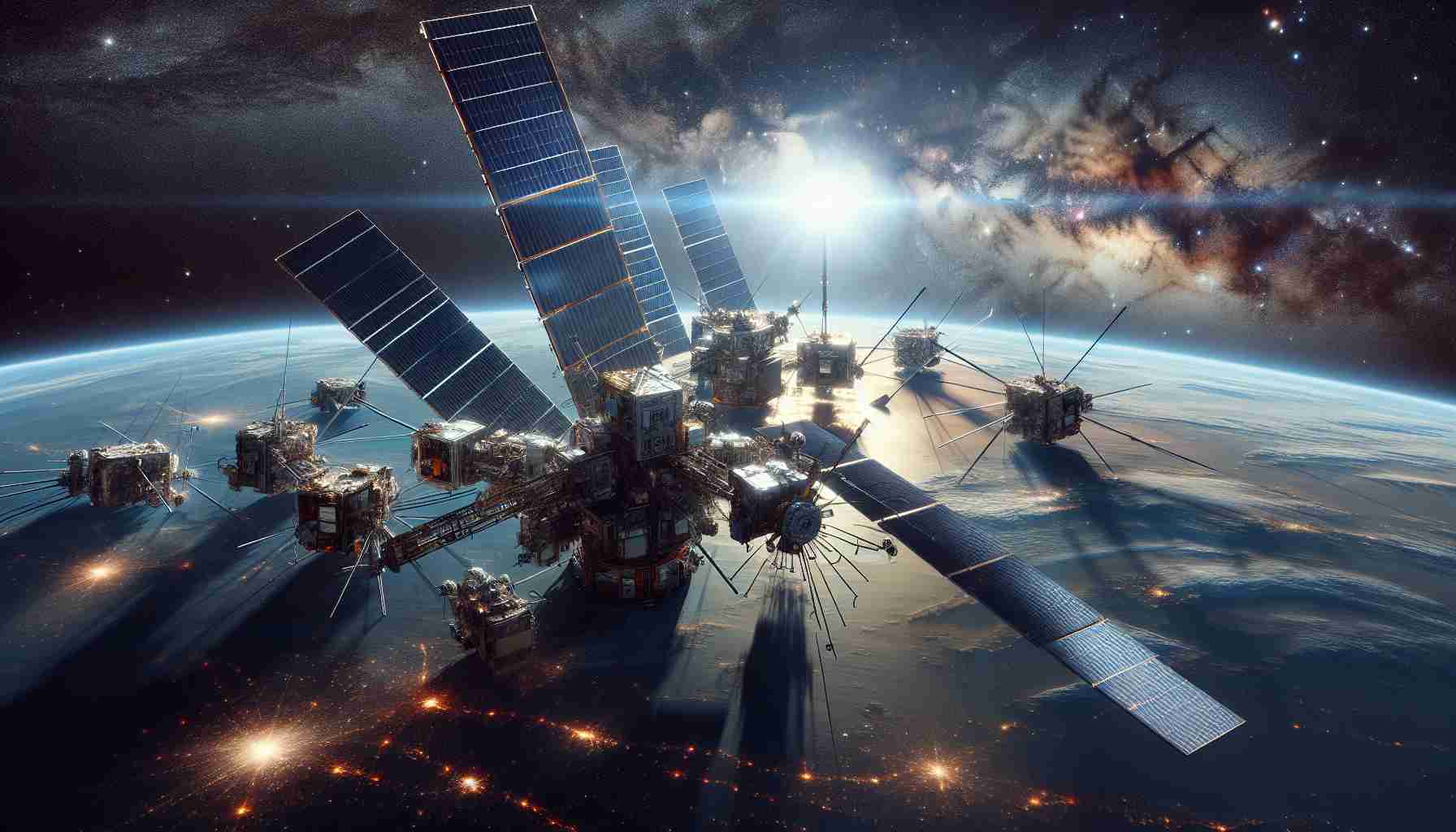 Realistic high definition image of satellites being revitalized in space: This represents the European Space Agency's bold initiatives towards sustainable space operations. The image features multiple satellites of varying shapes and sizes, some broken or aging, being repaired or upgraded by sleek, advanced robotic arms. The background should be a magnificent vista of space with stars, distant galaxies and the curvature of Earth below.