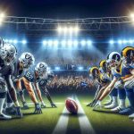 High-definition, realistic illustration of a hyped-up American football game between the Raiders and Rams. A spotlight illuminates the stadium as both teams clash on the field, their determined faces full of anticipation, ready for this must-watch weekend game. The action-packed scene shows key players in their protective gear, holding the football securely. The excited spectators fill the background, screaming and waving their team's flags. The stadium is pulsating with energy. Please omit any logos or copyrighted material.