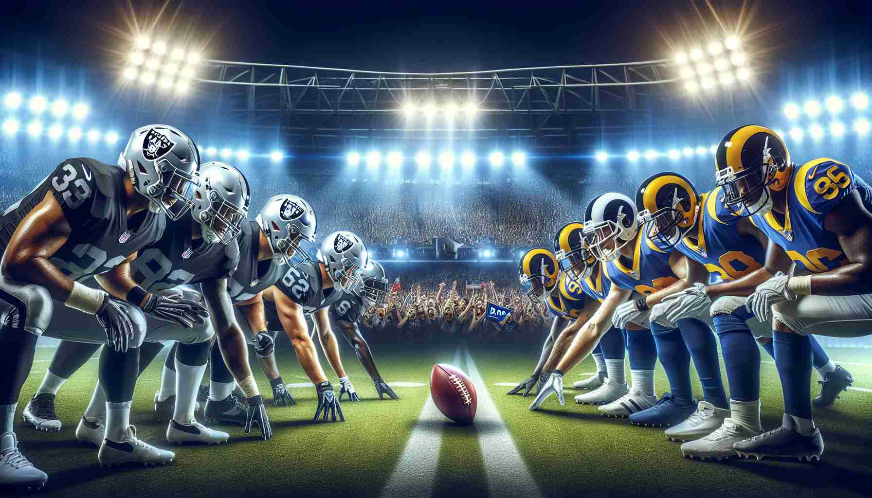 High-definition, realistic illustration of a hyped-up American football game between the Raiders and Rams. A spotlight illuminates the stadium as both teams clash on the field, their determined faces full of anticipation, ready for this must-watch weekend game. The action-packed scene shows key players in their protective gear, holding the football securely. The excited spectators fill the background, screaming and waving their team's flags. The stadium is pulsating with energy. Please omit any logos or copyrighted material.