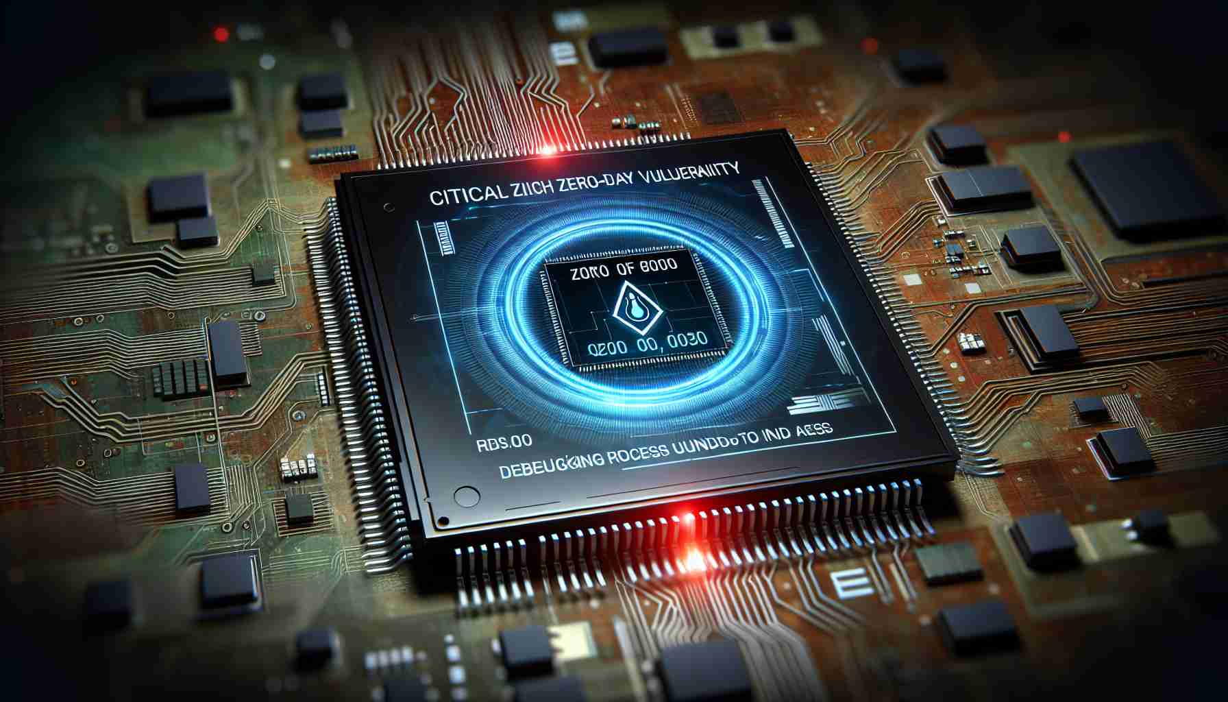 An HD representation of a tech concept - a chipset, with a visual representation indicating a 'critical zero-day vulnerability'. The imagery should include digital elements highlighting the vulnerability and the debugging process underway to address it.