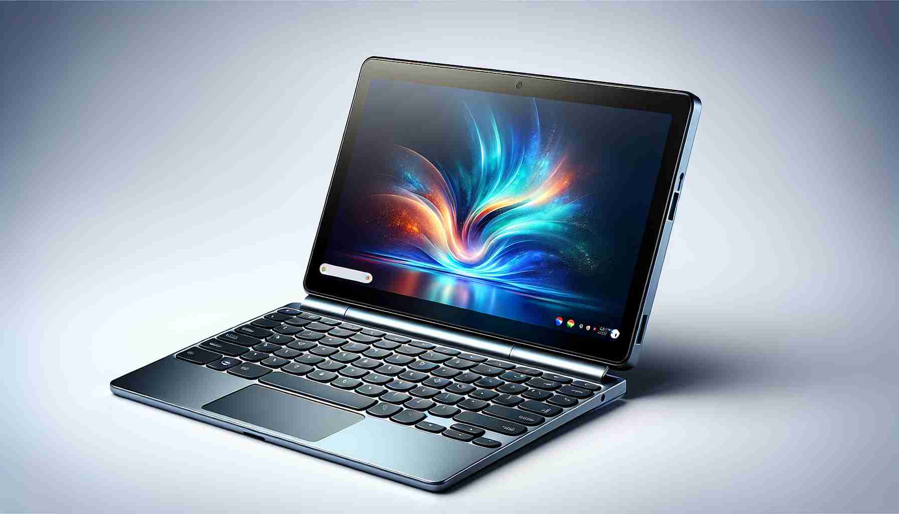 Create a realistic, high-definition photo of a compact, powerhouse computing device designed for everyday use, specifically an 11 inch, sleekly designed tablet with a detachable keyboard reminiscent of the design of Lenovo Chromebook Duet.