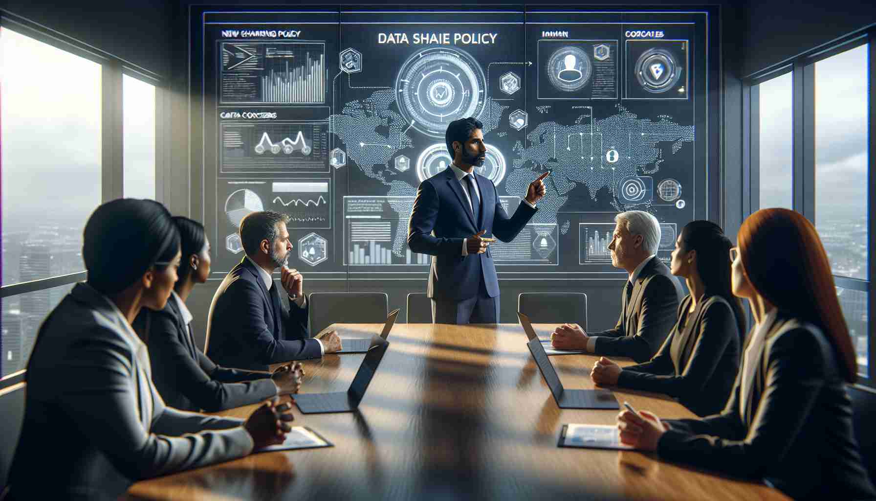 A realistic HD photo showing an unnamed technology company introducing a new data sharing policy amid privacy concerns. The scene captures a well-lit conference room with large screens displaying infographics related to the new policy. The central figure, a middle-aged South Asian male in a navy blue suit, points towards the screen as he elaborates the critical points. Around him are various employees attentively listening, consisting of a young Black female software engineer, a mature Hispanic male data analyst, and a senior Caucasian female in corporate litigation. The mood in the room is serious, underlining the gravity of the situation.