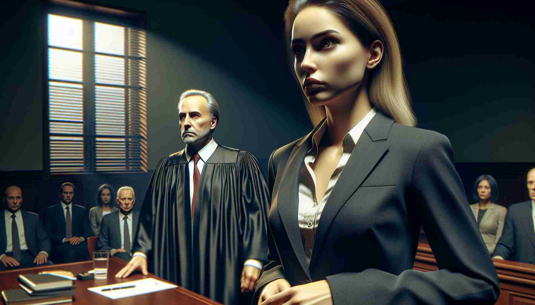 A high-definition, realistic image of a courtroom scene depicting the final verdict. The focal point is a Caucasian woman dressed in a professional attire standing in a state of shock. A man who appears to be the judge is in the background, looking serious and stern. The caption 'Mother found guilty in heartbreaking case' is clearly visible at the bottom of the image.