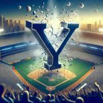 A high-definition, lifelike image of an abstract concept represented visually: the anticipation of a possible championship win for a professional baseball team known for their historical success. The design could include a giant 'Y' (for the team) in the foreground, hovering over a baseball stadium filled with excited fans. The 'Y' is cracking, symbolizing the potential breaking of a championship drought. All around, you can feel the eagerness and hope in the air, as if the crowd is collectively holding its breath, waiting for the decisive moment.