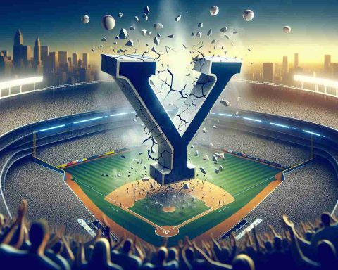 A high-definition, lifelike image of an abstract concept represented visually: the anticipation of a possible championship win for a professional baseball team known for their historical success. The design could include a giant 'Y' (for the team) in the foreground, hovering over a baseball stadium filled with excited fans. The 'Y' is cracking, symbolizing the potential breaking of a championship drought. All around, you can feel the eagerness and hope in the air, as if the crowd is collectively holding its breath, waiting for the decisive moment.