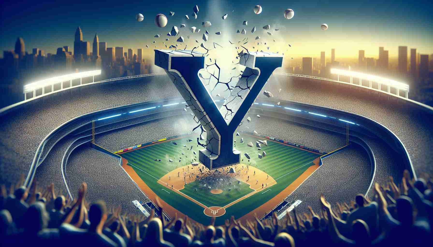 A high-definition, lifelike image of an abstract concept represented visually: the anticipation of a possible championship win for a professional baseball team known for their historical success. The design could include a giant 'Y' (for the team) in the foreground, hovering over a baseball stadium filled with excited fans. The 'Y' is cracking, symbolizing the potential breaking of a championship drought. All around, you can feel the eagerness and hope in the air, as if the crowd is collectively holding its breath, waiting for the decisive moment.