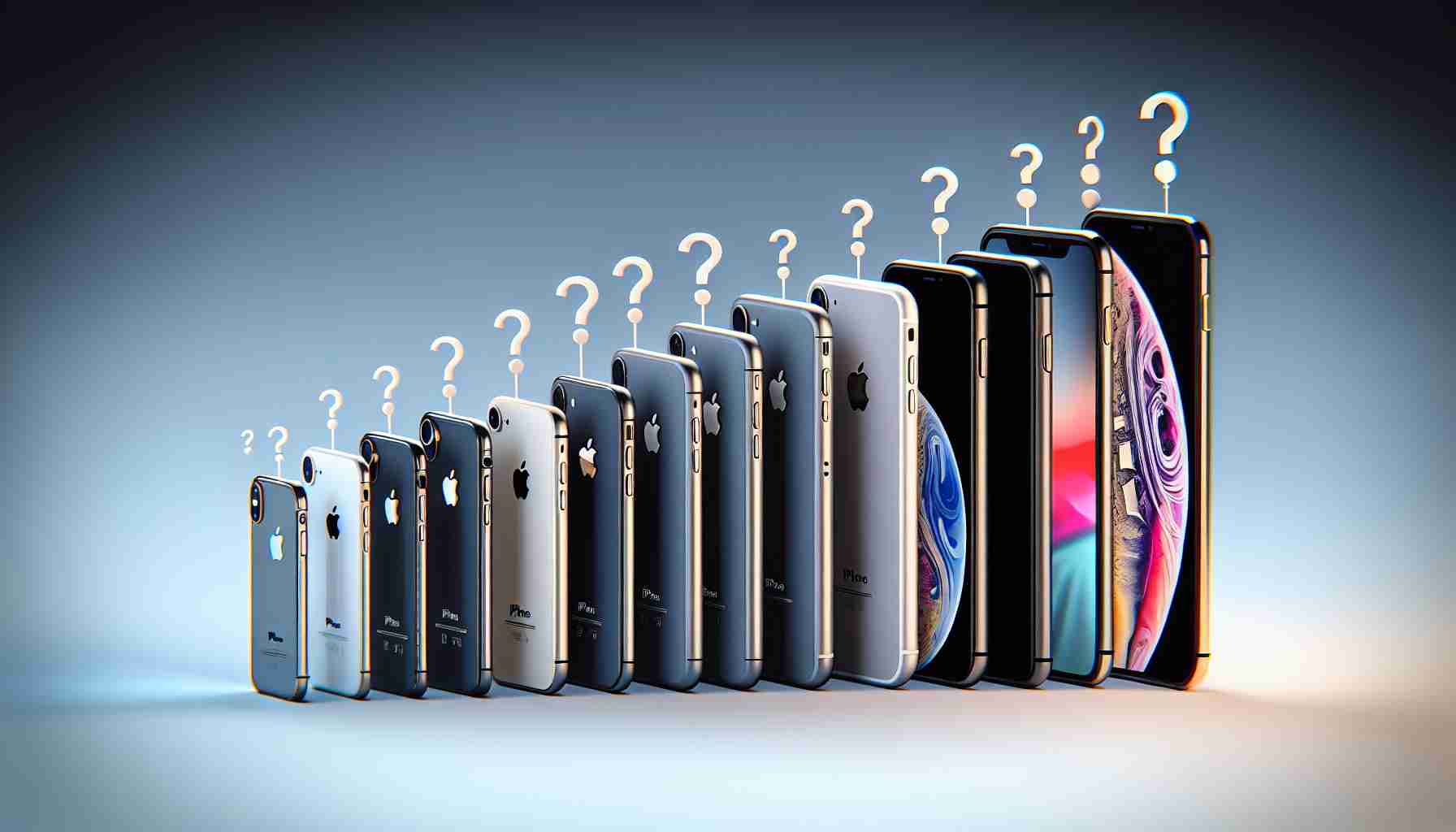 Generate a hyper-realistic image of a row of iPhones, showcasing the evolution of design and features. They should be displayed in chronological order, starting from the first iPhone to the latest version. An arrow should illustrate the transition from one model to the next, signaling the progression of the lineup. Include anticipatory question marks above the space to the right of the last device, representing speculation and curiosity about the future of the line. Note: The design of the phones should be general and not specific to any copyrighted styles or features.