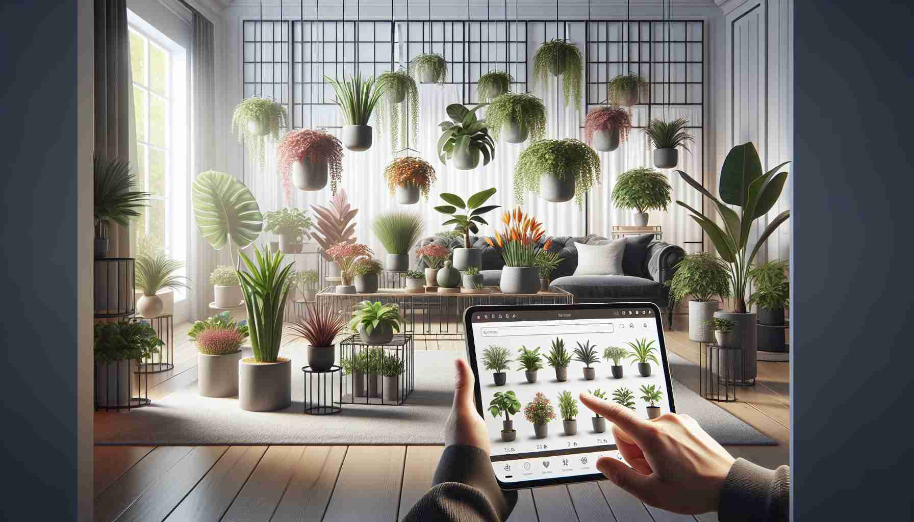 Realistic high-definition image showcasing the ultimate trick to enhance your living space: online plant shopping. Visualize a well-decorated room with various indoor potted plants, each with different shapes and color variations. Incorporate elements of online shopping such as a user navigating on their tablet or laptop, exploring varieties of plants on an e-commerce website. Ideal to express the pleasure and convenience of selecting and buying plants online as a way to beautify and make home or workspaces more environmental friendly.