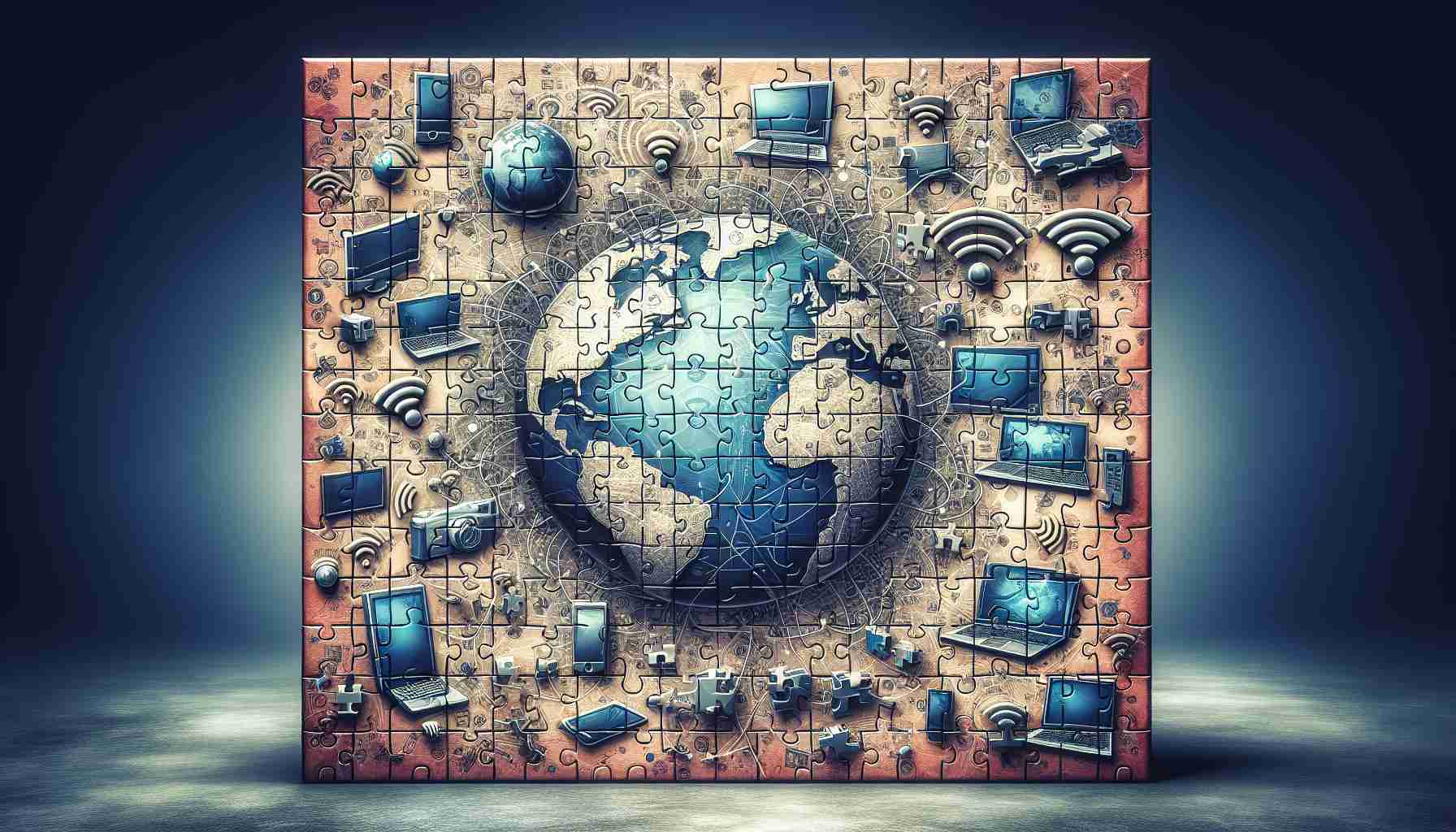 A high-definition, realistic depiction of a puzzle that represents the concept of today's interconnected world. The puzzle pieces should be shaped like various modern technological tools and symbols - laptops, smartphones, wifi signals, social media icons, etc. - and they should be coming together to form an image that represents technological connectedness and networking, perhaps a globe with extensive networks of lines connecting different points. The background to the puzzle might depict a chaos of tangled wires noting the complexity and challenges in the process of unraveling it.