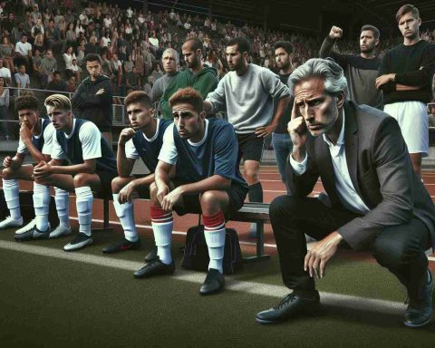 Generate a high-definition, realistic image showcasing a tense scene in sports coaching. Visualize a soccer field with players waiting in anticipation. Next to them, there's a middle-aged Caucasian male coach, furrowing his brow, trying to calm a situation. He's ignoring a potentially controversial comment made by a player, choosing instead to focus on the game. On the bleachers, a diverse crowd of spectators watches on with mixed reactions, conveying the moment's tension.