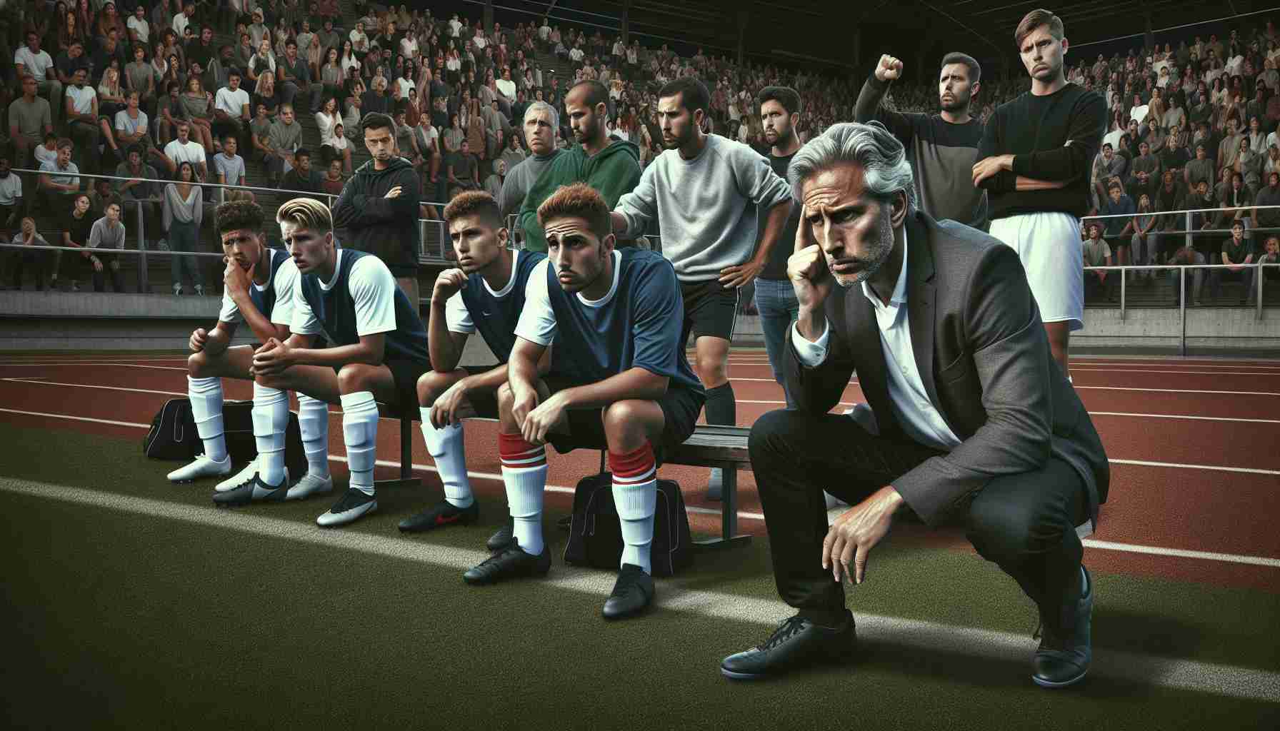 Generate a high-definition, realistic image showcasing a tense scene in sports coaching. Visualize a soccer field with players waiting in anticipation. Next to them, there's a middle-aged Caucasian male coach, furrowing his brow, trying to calm a situation. He's ignoring a potentially controversial comment made by a player, choosing instead to focus on the game. On the bleachers, a diverse crowd of spectators watches on with mixed reactions, conveying the moment's tension.