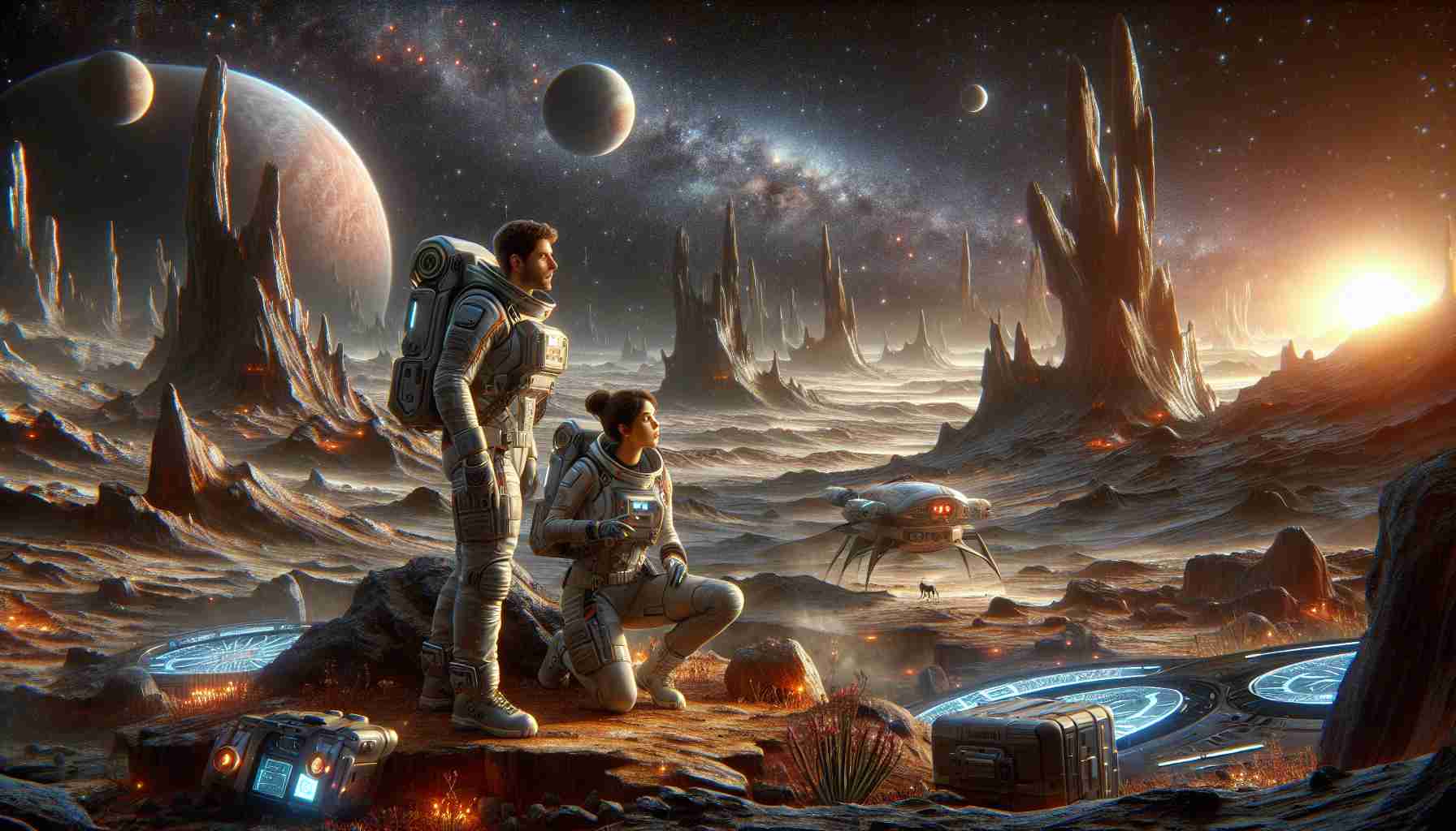 A detailed, high-definition image showcasing the adventures and excitement in off-planet exploration. The scene is set in a distant planetary environment characterized by alien landscapes, strange geological formations, and twinkling stars against the dark expanse of the universe. You can see a couple of astronauts, a female of Middle-Eastern descent and a male of Caucasian descent, examining these foreign terrains. They are immersed in the delight and difficulties that come with space adventures, looking curious and determined. Their space gears and suits indicate advanced technology assisting in their journey, and a futuristic spaceship nearby signifies their method of travel.