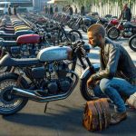 A high-resolution, realistic image capturing the essence of budget-friendly café racers. The scenario includes an assortment of these inexpensive, retro-style motorcycles, parked in an urban setting. Their unique design reflecting the spirit of economy and minimalism evident through features like low-mounted handlebars, streamlined fuel tanks, and elongated seats. In the foreground, an enthusiast, a mid-aged Caucasian man with buzzed hair, wearing denim jeans and a leather jacket, is seen inspecting a bike with keen interest.