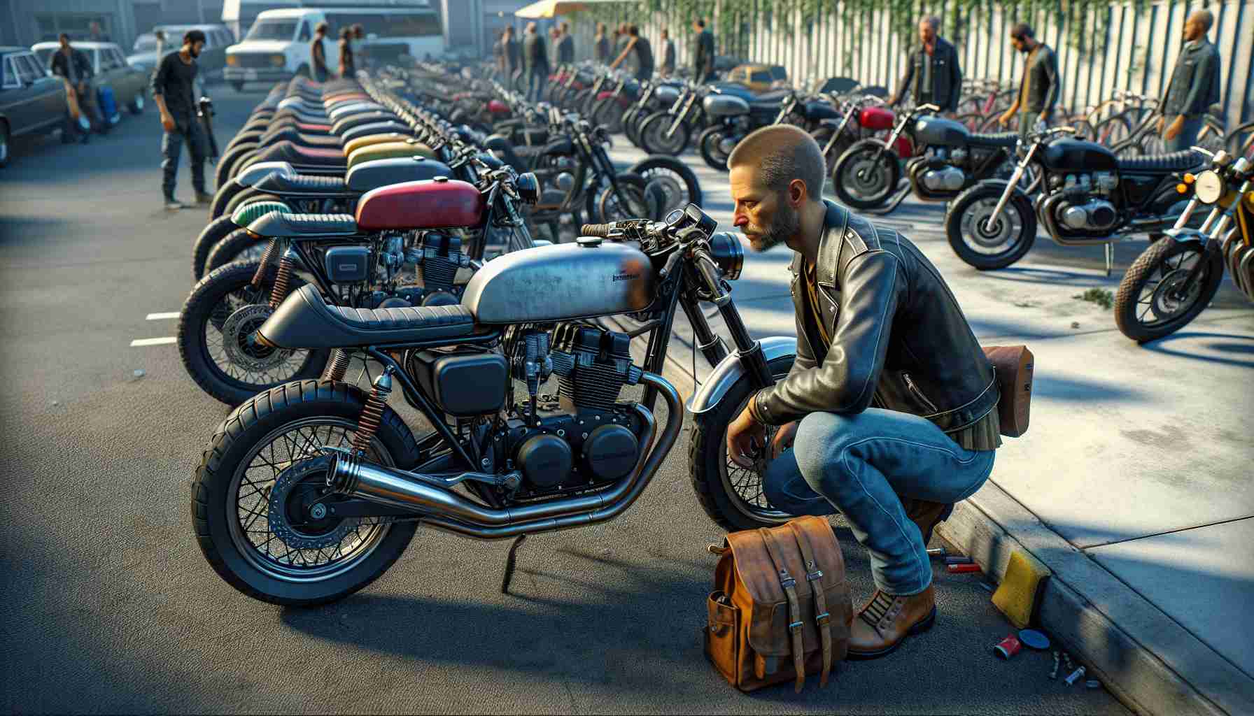 A high-resolution, realistic image capturing the essence of budget-friendly café racers. The scenario includes an assortment of these inexpensive, retro-style motorcycles, parked in an urban setting. Their unique design reflecting the spirit of economy and minimalism evident through features like low-mounted handlebars, streamlined fuel tanks, and elongated seats. In the foreground, an enthusiast, a mid-aged Caucasian man with buzzed hair, wearing denim jeans and a leather jacket, is seen inspecting a bike with keen interest.