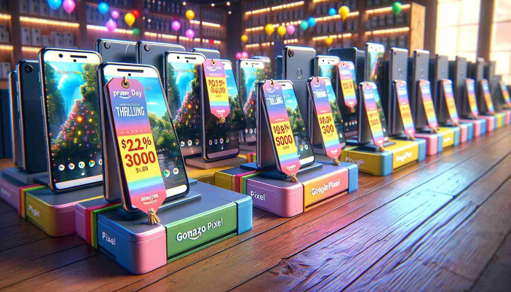 A high-definition realistic image depicting a variety of Google Pixel smartphones beautifully displayed and labeled with attention-grabbing, colorful tags showing thrilling discounts. The scene is set during an imagined Amazon's Prime Day event, with vibrant aesthetics associated with such promotions. The atmosphere is one of joy and anticipation with the prospect of substantial savings on technology purchases.