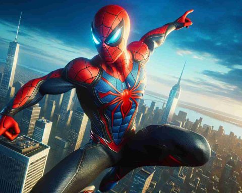 An ultra-high-resolution image portraying a heroic figure akin to a web-slinging hero from comic books. This individual is primed for a majestic comeback, dressed in a vibrant red and blue costume with web patterns and a symbolic spider emblem on the chest. This figure strikes a dynamic pose on top of a skyscraper with the cityscape in the background. He also has a mask covering his face and eyes glistening with determination, invigorating a sense of epic excitement towards his return.