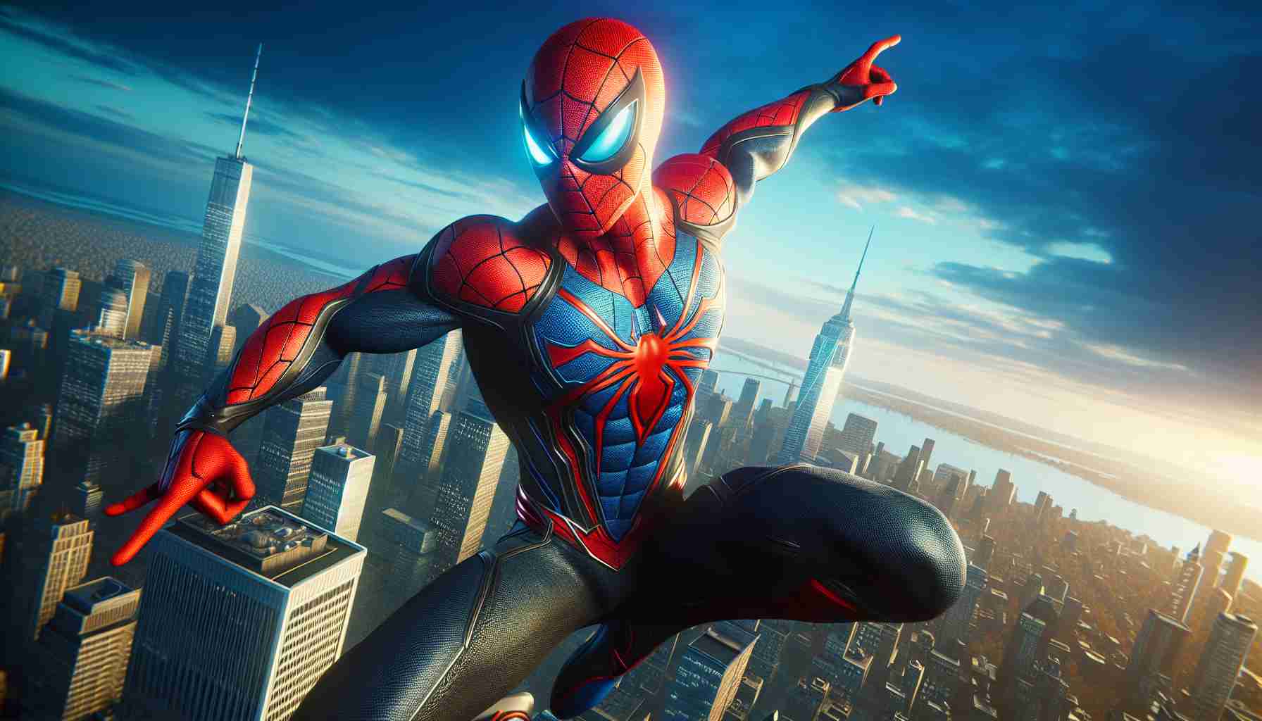 An ultra-high-resolution image portraying a heroic figure akin to a web-slinging hero from comic books. This individual is primed for a majestic comeback, dressed in a vibrant red and blue costume with web patterns and a symbolic spider emblem on the chest. This figure strikes a dynamic pose on top of a skyscraper with the cityscape in the background. He also has a mask covering his face and eyes glistening with determination, invigorating a sense of epic excitement towards his return.