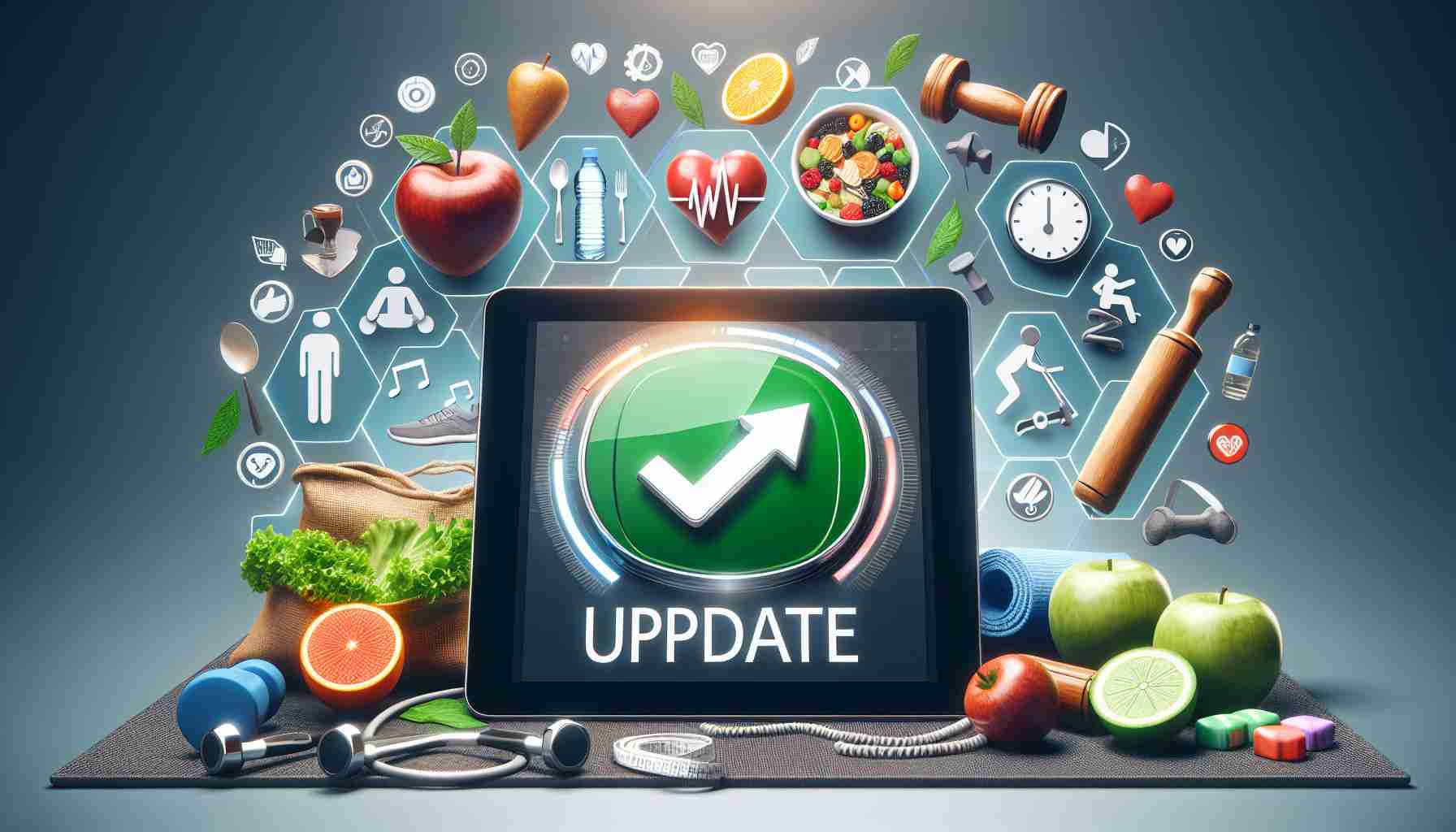 Create a realistic high-definition image that represents the concept of a significant, game-changing update for one's health. The image could include symbols of healthy habits, such as fresh, nutritious food, exercise equipment, and symbols for sleep and relaxation. Include a digital device, such as a tablet or smartphone, showcasing a fitness or wellness application with prominent 'update' signage.