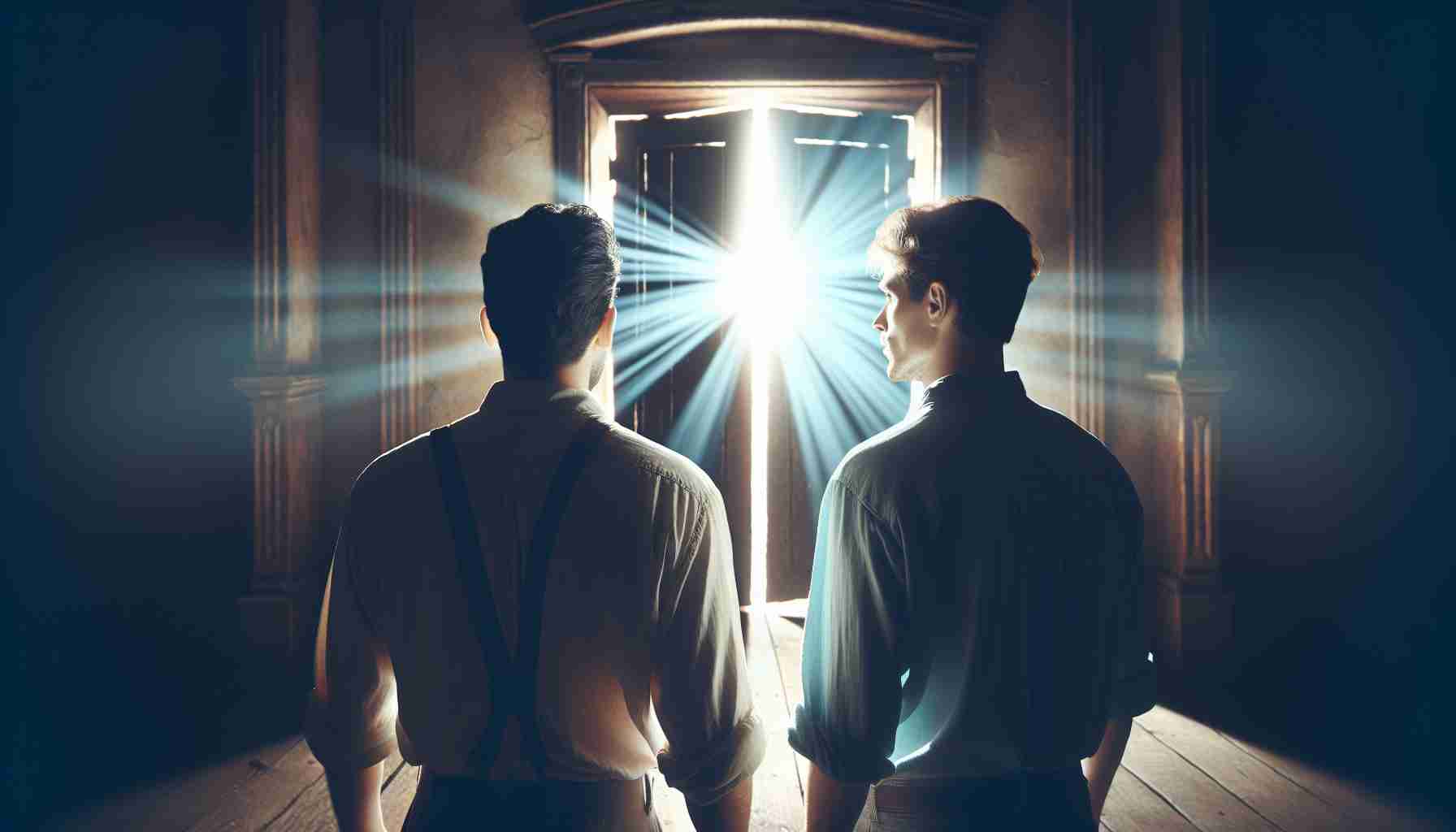 Imagine a realistic, high-definition image that depicts 'Whispers of a Dark Past'. Visualize a significantly dramatic scene happening inside an old, eerie house at night. In the foreground, there are two adult males, one Hispanic and the other Caucasian, possibly brothers. They are standing side by side, gazing upon an opened door that radiates a bright light, symbolizing a beacon of freedom. Their expressions, filled with hope and intense reflection, underscore their yearning for liberation.