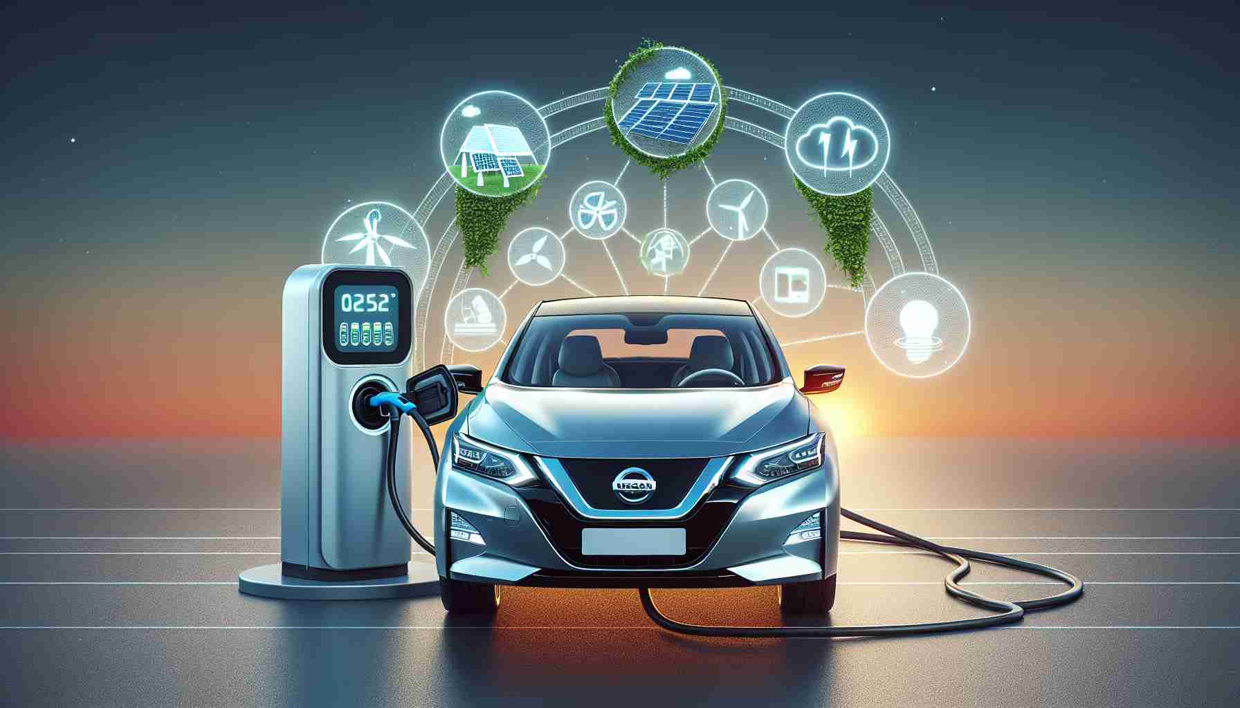 High definition, realistic image of a Nissan car being charged at a ChargeScape charging station. Include visual symbols indicating renewable energy solutions, such as solar panels, wind turbines, and sustainable batteries. The Nissan car should have a sleek, modern design reflective of its commitment to innovative energy solutions.