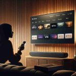 A high-resolution, realistic image of a person browsing VPN choices on their Fire TV Stick. The scene is set in a cosy, softly-lit room. In the foreground, we see the screen of the TV showcasing various VPN options. The TV is mounted on a wooden wall and beneath it, a sleek black soundbar. A silhouette of an individual, of Middle-Eastern descent and female gender, is seen in the background, seated comfortably on a plush couch, holding in her hand the Fire TV Stick remote. The individual appears to be deep in consideration, reflecting the process of selecting the most suitable VPN for their streaming needs.