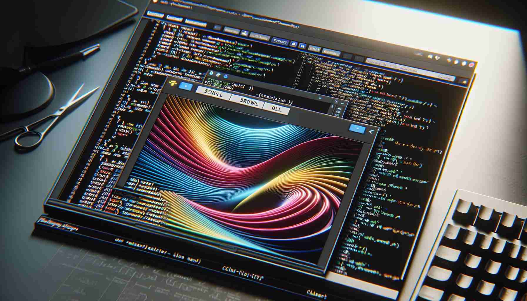 A high-definition, realistic image showcasing the exploration of different ways to achieve smooth scrolling in terminal applications. In the image is a computer screen with a command line interface open, the text is actively rolling with the scroll command prompt. There are secondary windows opened showing various coding options or alternative methods that can be used to enhance the scrolling smoothness in the terminal.