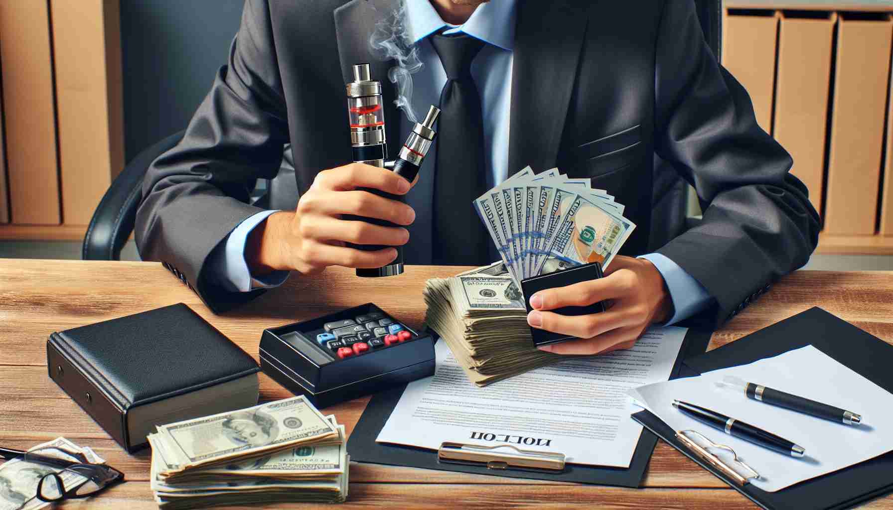 Create a high-definition image representing a significant financial settlement involving a hypothetical e-cigarette company. The image should be realistic and detail a man, wearing a business suit, counting a large amount of money at a desk scattered with official legal documents and a conspicuous vaping device.