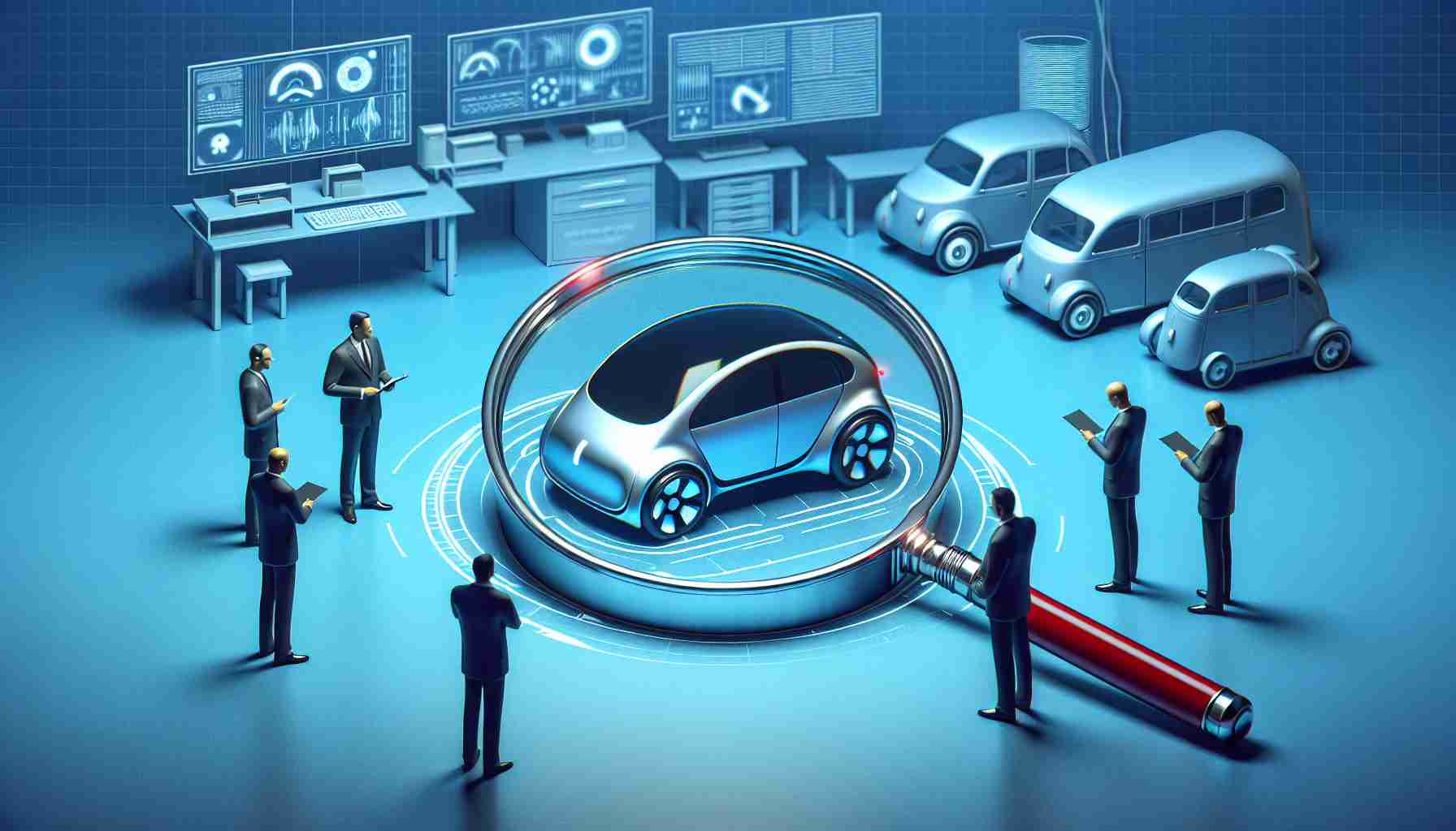 High-definition illustration representing an abstract concept of a well known electric vehicle brand under scrutiny regarding its self-driving technology features. The scene could contain elements like magnifying glass scanning over a futuristic car equipped with autonomous driving capabilities, with concerned officials or stakeholders examining its function in the fore/background. Make sure the illustration does not disclose any particular company's logo or specific branding characteristics.