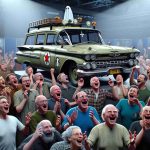 Detailed HD renders of enthusiastic fans thrilled by the addition of a well-known supernatural-themed vehicle, signified by the code name Ecto-1, to a fictional roster or collection. The vehicle should be old-fashioned, emblazoned with ghost-related insignia, and notable for its vintage charm and functionality in the field of spectral investigations. The fans should cover a wide range of ages, races, and genders, displaying a variety of reactions from glee to shock. The backdrop should be a convention-like environment filled with various displays alluding to paranormal hobbies or careers.