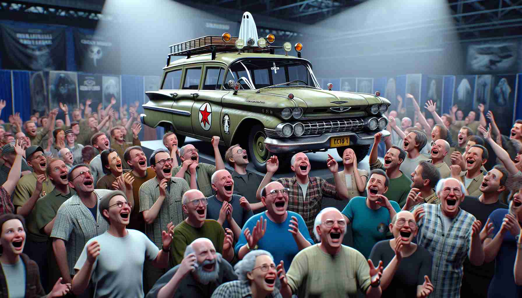 Detailed HD renders of enthusiastic fans thrilled by the addition of a well-known supernatural-themed vehicle, signified by the code name Ecto-1, to a fictional roster or collection. The vehicle should be old-fashioned, emblazoned with ghost-related insignia, and notable for its vintage charm and functionality in the field of spectral investigations. The fans should cover a wide range of ages, races, and genders, displaying a variety of reactions from glee to shock. The backdrop should be a convention-like environment filled with various displays alluding to paranormal hobbies or careers.