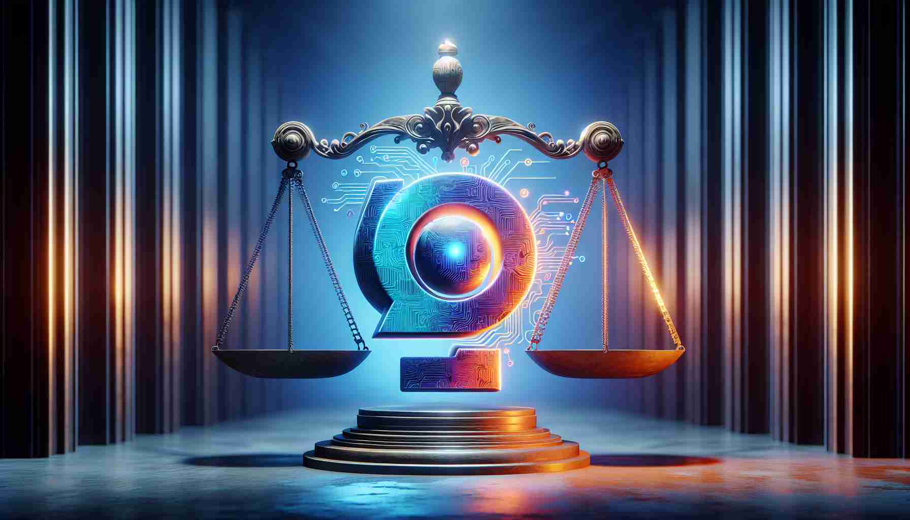 A high-definition, realistic image that visually represents the concept of concerns regarding the future of a major technology company's artificial intelligence initiatives amid antitrust proceedings. This could be represented symbolically, perhaps through the image of a stylized, futuristic AI symbol in foreboding colors, looming over a balance scale representing justice, within a setting that conveys a sense of tension and uncertainty.